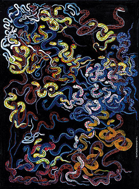 SNAKES – 2 by OTGO 2002, Tempera on cotton 30 x 21 cm