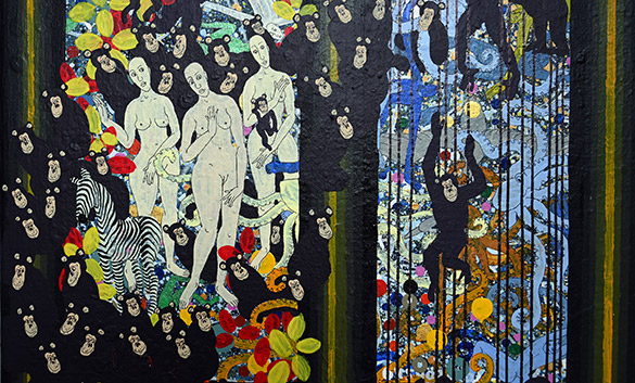 Cathédrale des Trois Grâces by OtGO 2014-2024, ink, acryl on canvas. 200 x 75 cm