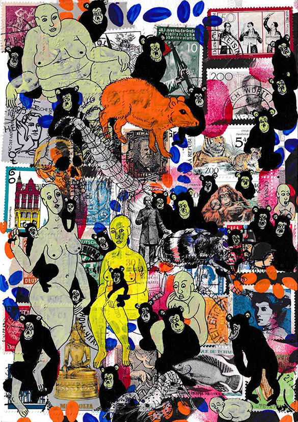 Cabine of Curiosities Apes 1 by OtGO 2024-2025, ink and acryl on original Stamps, 210 x 148  mm (A5)