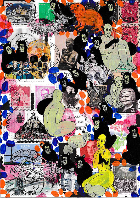 Cabine of Curiosities Apes 10 by OtGO 2024-2025, ink and acryl on original Stamps, 210 x 148  mm (A5)