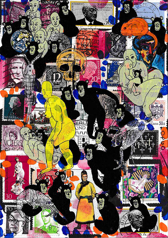 Cabine of Curiosities Apes 11 by OtGO 2024-2025, ink and acryl on original Stamps, 210 x 148  mm (A5)