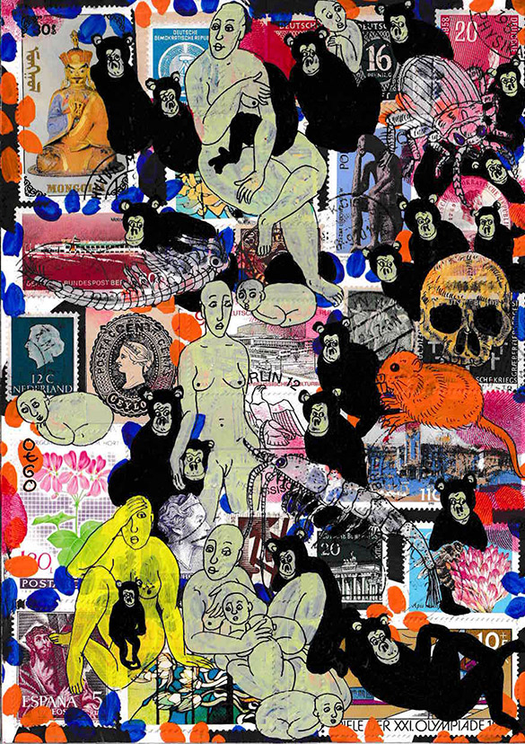 Cabine of Curiosities Apes 12 by OtGO 2024-2025, ink and acryl on original Stamps, 210 x 148  mm (A5)