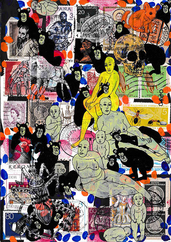 Cabine of Curiosities Apes 14 by OtGO 2024-2025, ink and acryl on original Stamps, 210 x 148  mm (A5)
