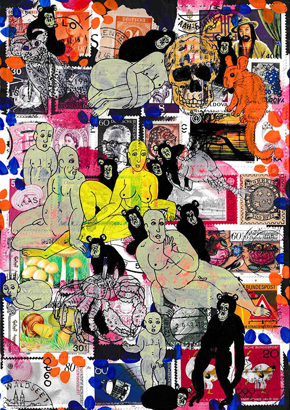 Cabine of Curiosities Apes 15 by OtGO 2024-2025, ink and acryl on original Stamps, 210 x 148  mm (A5)