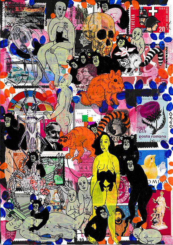 Cabine of Curiosities Apes 16 by OtGO 2024-2025, ink and acryl on original Stamps, 210 x 148  mm (A5)