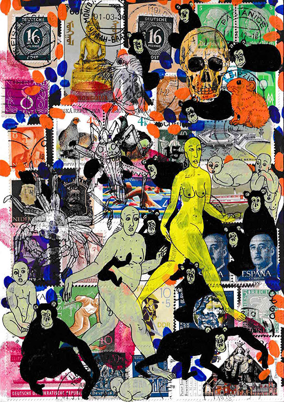 Cabine of Curiosities Apes 17 by OtGO 2024-2025, ink and acryl on original Stamps, 210 x 148  mm (A5)