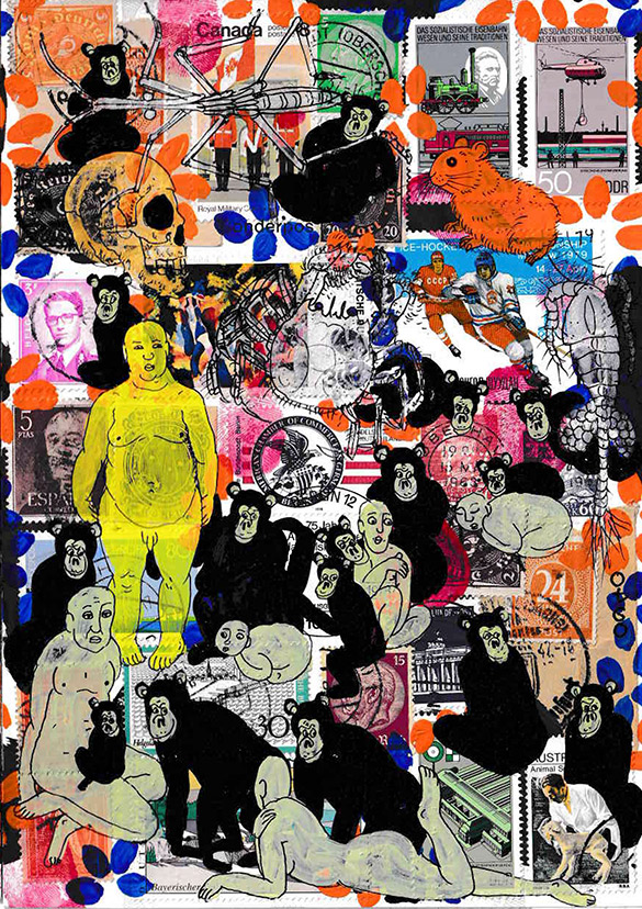 Cabine of Curiosities Apes 18 by OtGO 2024-2025, ink and acryl on original Stamps, 210 x 148  mm (A5)