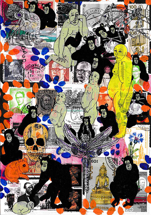 Cabine of Curiosities Apes 20 by OtGO 2024-2025, ink and acryl on original Stamps, 210 x 148  mm (A5)