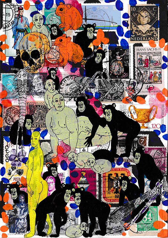 Cabine of Curiosities Apes 21 by OtGO 2024-2025, ink and acryl on original Stamps, 210 x 148  mm (A5)