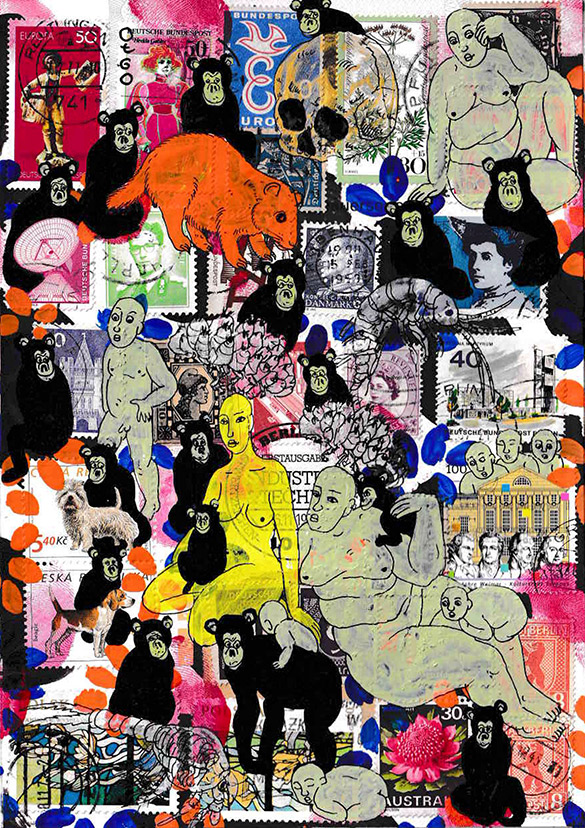 Cabine of Curiosities Apes 3 by OtGO 2024-2025, ink and acryl on original Stamps, 210 x 148  mm (A5)