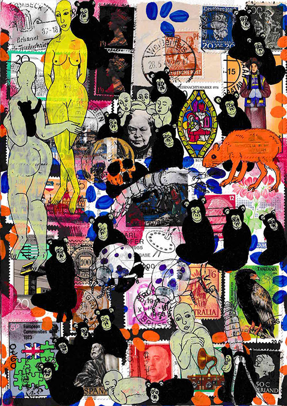 Cabine of Curiosities Apes 4 by OtGO 2024-2025, ink and acryl on original Stamps, 210 x 148  mm (A5)