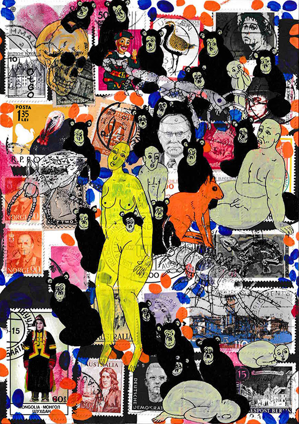 Cabine of Curiosities Apes 5 by OtGO 2024-2025, ink and acryl on original Stamps, 210 x 148  mm (A5)