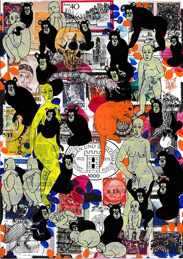 Cabine of Curiosities Apes 6 by OtGO 2024-2025, ink and acryl on original Stamps, 210 x 148  mm (A5)