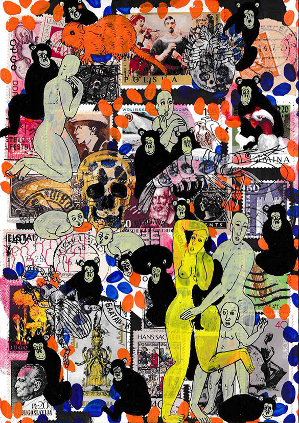 Cabine of Curiosities Apes 9 by OtGO 2024-2025, ink and acryl on original Stamps, 210 x 148  mm (A5)