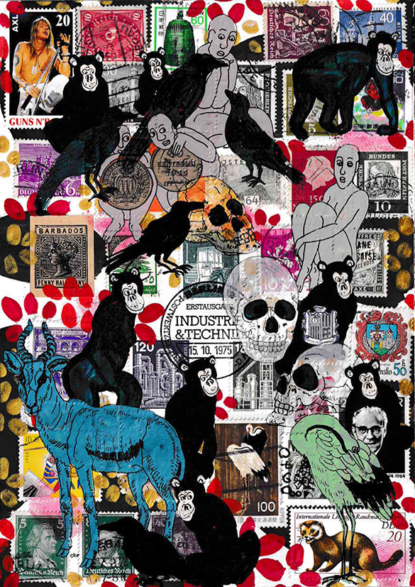 Cabine of Curiosities Memento Mori 13 by OtGO 2024-2025, ink and acryl on original Stamps, 210 x 148  mm (A5)