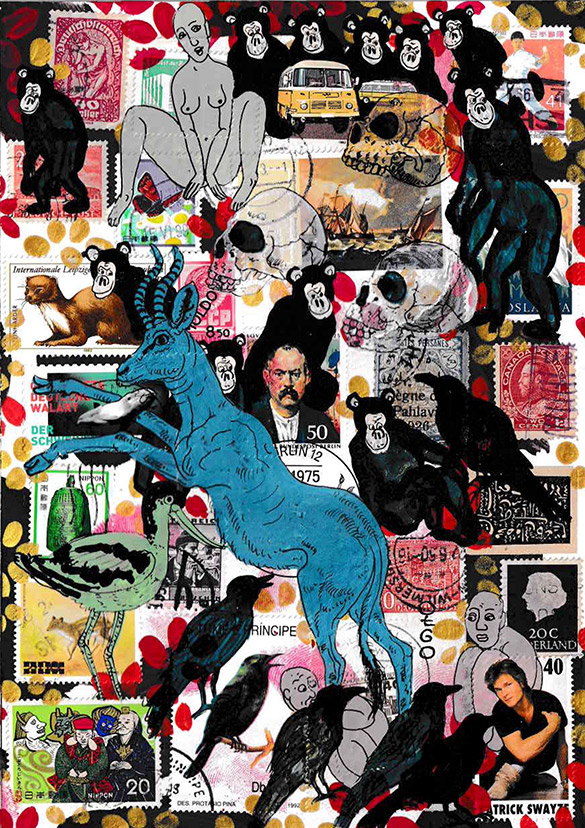 Cabine of Curiosities Memento Mori 14 by OtGO 2024-2025, ink and acryl on original Stamps, 210 x 148  mm (A5)