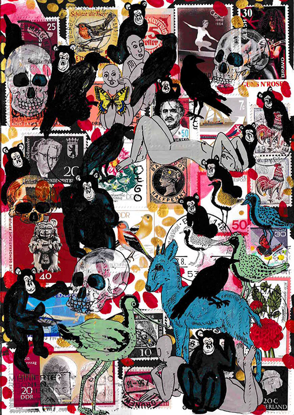 Cabine of Curiosities Memento Mori 20 by OtGO 2024-2025, ink and acryl on original Stamps, 210 x 148  mm (A5)