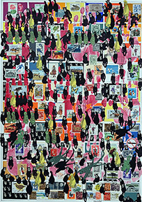 Cabinet of Curiosities Salon: 2/10 pictures with stamps  by OtGO 2024-2025, consists of 10 equal-sized single paintings, ink and acryl on original Stamps, each measuring 594 by 420 mm (A2)