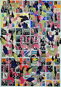 Cabinet of Curiosities Salon: 3/10 pictures with stamps  by OtGO 2024-2025, consists of 10 equal-sized single paintings, ink and acryl on original Stamps, each measuring 594 by 420 mm (A2)