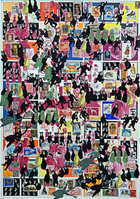 Cabinet of Curiosities Salon: 4/10 pictures with stamps  by OtGO 2024-2025, consists of 10 equal-sized single paintings, ink and acryl on original Stamps, each measuring 594 by 420 mm (A2)