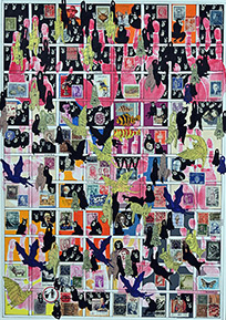 Cabinet of Curiosities Salon: 5/10 pictures with stamps  by OtGO 2024-2025, consists of 10 equal-sized single paintings, ink and acryl on original Stamps, each measuring 594 by 420 mm (A2)