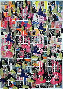 Cabinet of Curiosities Salon: 7/10 pictures with stamps  by OtGO 2024-2025, consists of 10 equal-sized single paintings, ink and acryl on original Stamps, each measuring 594 by 420 mm (A2)