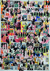 Cabinet of Curiosities Salon: 8/10 pictures with stamps  by OtGO 2024-2025, consists of 10 equal-sized single paintings, ink and acryl on original Stamps, each measuring 594 by 420 mm (A2)