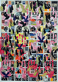 Cabinet of Curiosities Salon: 9/10 pictures with stamps  by OtGO 2024-2025, consists of 10 equal-sized single paintings, ink and acryl on original Stamps, each measuring 594 by 420 mm (A2)