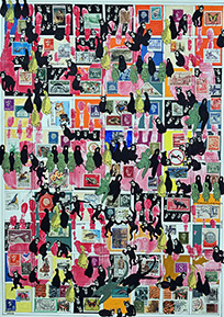 Cabinet of Curiosities Salon: 10/10 pictures with stamps  by OtGO 2024-2025, consists of 10 equal-sized single paintings, ink and acryl on original Stamps, each measuring 594 by 420 mm (A2)