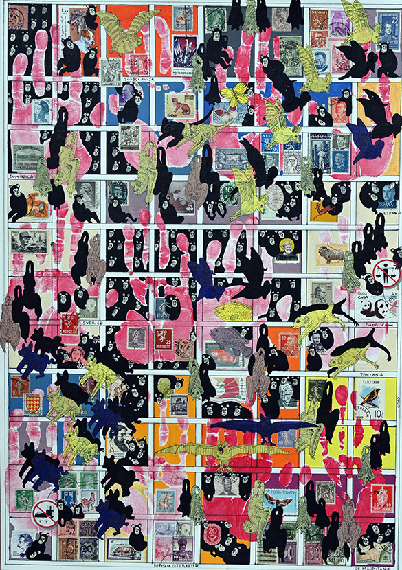 Cabinet of Curiosities Salon: 1/10 pictures with stamps by OtGO 2024-2025, consists of 10 equal-sized single paintings, ink and acryl on original Stamps, each measuring 594 by 420 mm (A2)