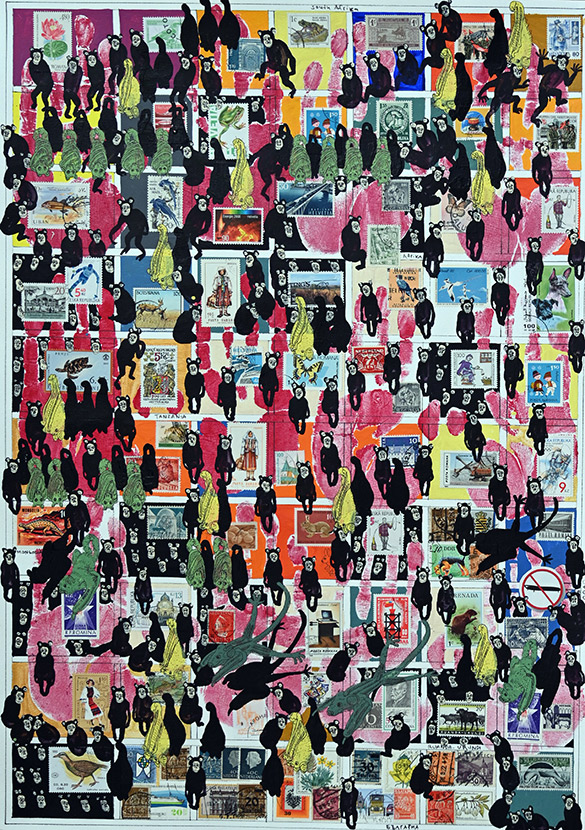 Cabinet of Curiosities Salon: 2/10 pictures with stamps by OtGO 2024-2025, consists of 10 equal-sized single paintings, ink and acryl on original Stamps, each measuring 594 by 420 mm (A2)
