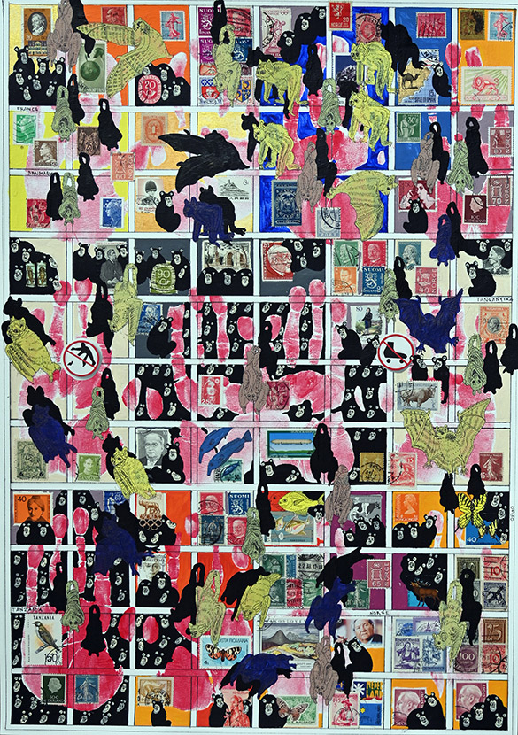 Cabinet of Curiosities Salon: 3/10 pictures with stamps by OtGO 2024-2025, consists of 10 equal-sized single paintings, ink and acryl on original Stamps, each measuring 594 by 420 mm (A2)