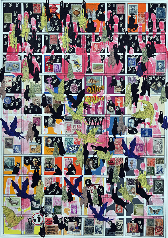 Cabinet of Curiosities Salon: 5/10 pictures with stamps by OtGO 2024-2025, consists of 10 equal-sized single paintings, ink and acryl on original Stamps, each measuring 594 by 420 mm (A2)