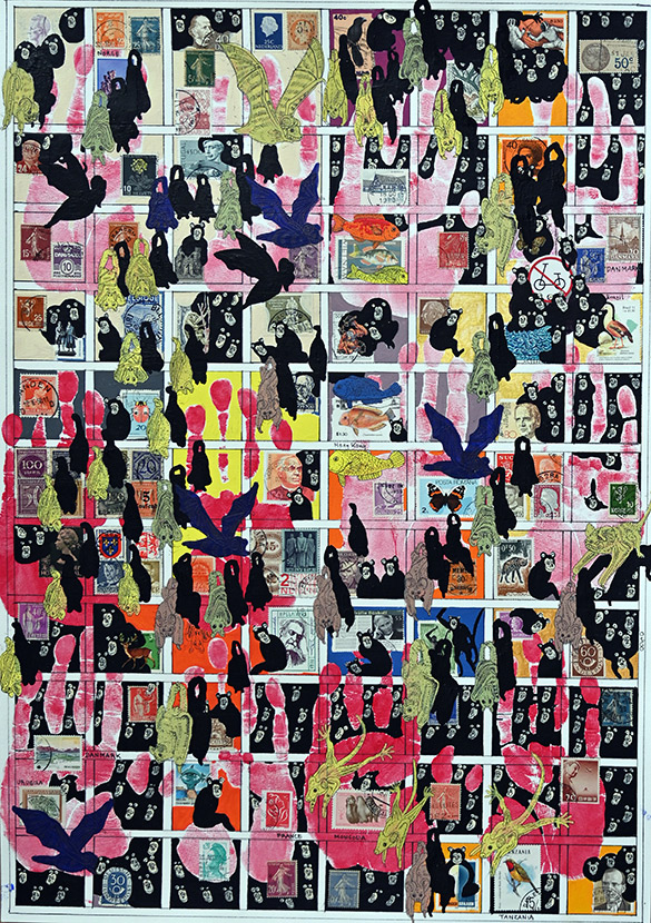 Cabinet of Curiosities Salon: 9/10 pictures with stamps by OtGO 2024-2025, consists of 10 equal-sized single paintings, ink and acryl on original Stamps, each measuring 594 by 420 mm (A2)