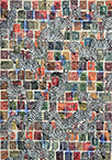 Cabinet of Curiosities Zebras 5/30: 30 pictures with stamps by OtGO 2024–2025, consists of 30 equal-sized single paintings, ink and acryl on original Stamps, each measuring 420 by 297 mm (A3)