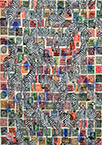 Cabinet of Curiosities Zebras 11/30: 30 pictures with stamps by OtGO 2024–2025, consists of 30 equal-sized single paintings, ink and acryl on original Stamps, each measuring 420 by 297 mm (A3)