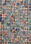 Cabinet of Curiosities Zebras 12/30: 30 pictures with stamps by OtGO 2024–2025, consists of 30 equal-sized single paintings, ink and acryl on original Stamps, each measuring 420 by 297 mm (A3)