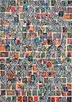 Cabinet of Curiosities Zebras 13/30: 30 pictures with stamps by OtGO 2024–2025, consists of 30 equal-sized single paintings, ink and acryl on original Stamps, each measuring 420 by 297 mm (A3)