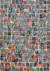 Cabinet of Curiosities Zebras 15/30: 30 pictures with stamps by OtGO 2024–2025, consists of 30 equal-sized single paintings, ink and acryl on original Stamps, each measuring 420 by 297 mm (A3)