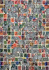 Cabinet of Curiosities Zebras 17/30: 30 pictures with stamps by OtGO 2024–2025, consists of 30 equal-sized single paintings, ink and acryl on original Stamps, each measuring 420 by 297 mm (A3)