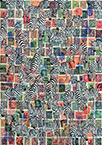 Cabinet of Curiosities Zebras 23/30: 30 pictures with stamps by OtGO 2024–2025, consists of 30 equal-sized single paintings, ink and acryl on original Stamps, each measuring 420 by 297 mm (A3)