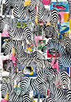 Wunderkammer Zebras: 24 pictures with about 430 stamps by OtGO 2023-2024, consists of 24 equal-sized single paintings, acryl on original Stamps, each measuring 210 by 148 mm (A5)