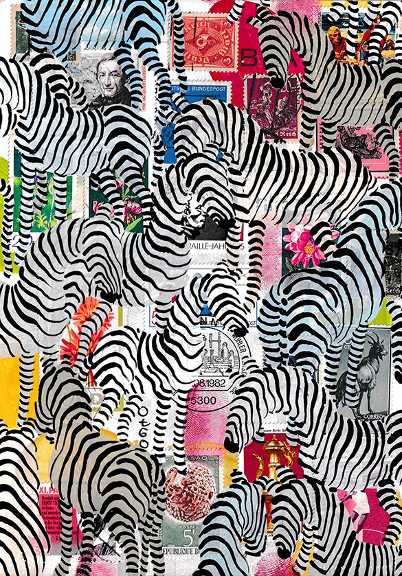 Wunderkammer Zebras 14 by OtGO 2023-2024, consists of 24 equal-sized single paintings, acryl on original Stamps, each measuring 210 by 148 mm (A5)