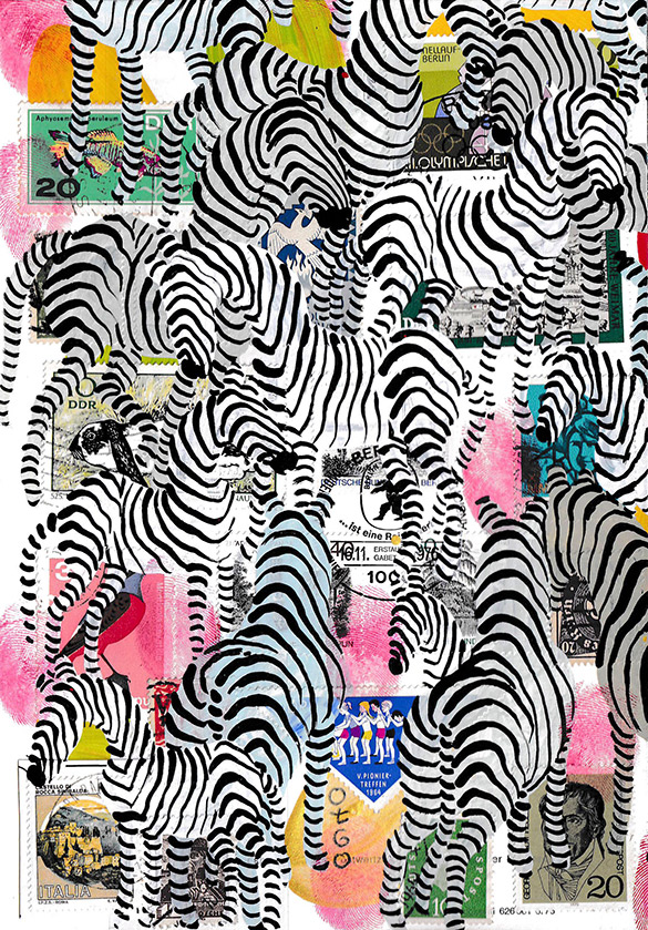 Wunderkammer Zebras 17 by OtGO 2023-2024, consists of 24 equal-sized single paintings, acryl on original Stamps, each measuring 210 by 148 mm (A5)