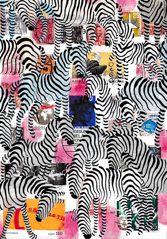 Wunderkammer Zebras 19 by OtGO 2023-2024, consists of 24 equal-sized single paintings, acryl on original Stamps, each measuring 210 by 148 mm (A5)