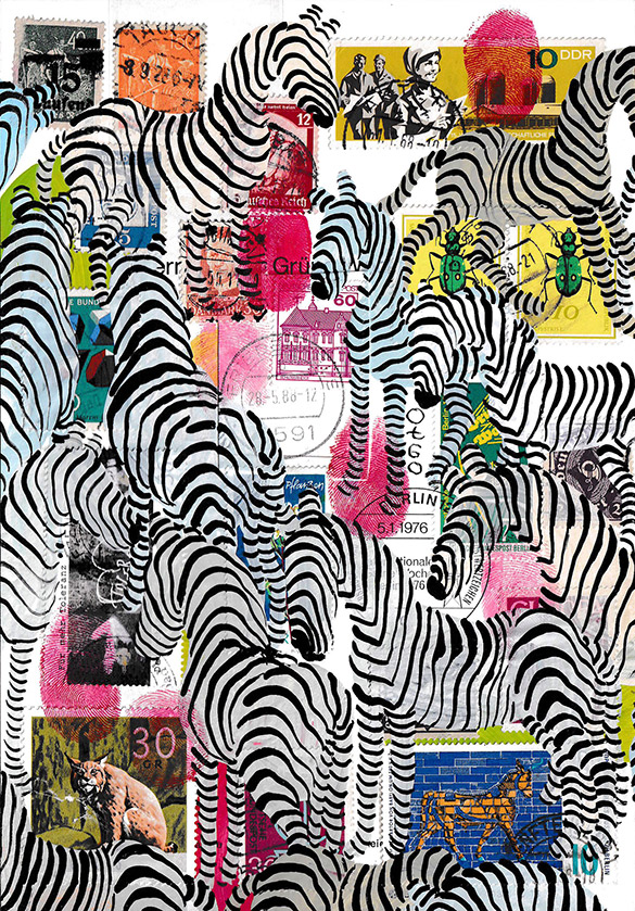 Wunderkammer Zebras 2 by OtGO 2023-2024, consists of 24 equal-sized single paintings, acryl on original Stamps, each measuring 210 by 148 mm (A5)