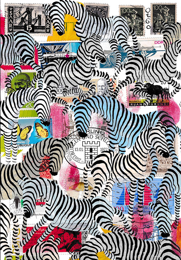 Wunderkammer Zebras 4 by OtGO 2023-2024, consists of 24 equal-sized single paintings, acryl on original Stamps, each measuring 210 by 148 mm (A5)