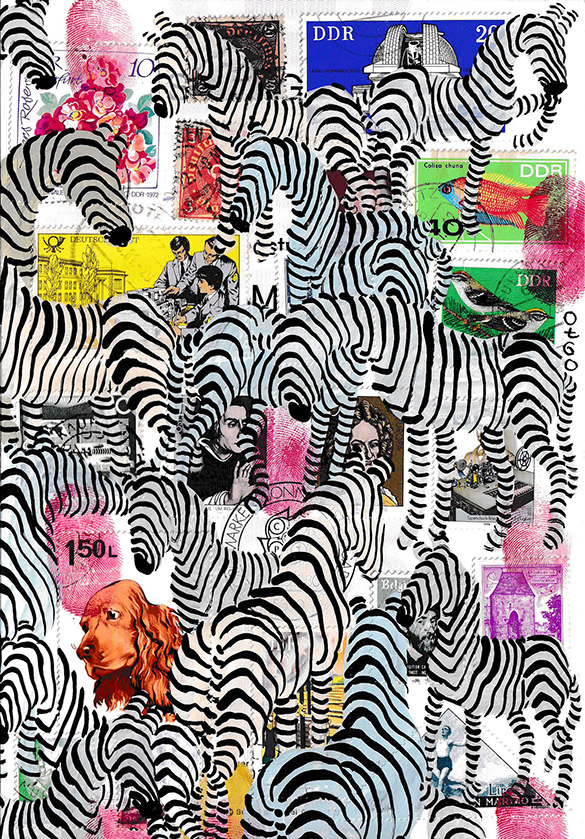 Wunderkammer Zebras 8 by OtGO 2023-2024, consists of 24 equal-sized single paintings, acryl on original Stamps, each measuring 210 by 148 mm (A5)