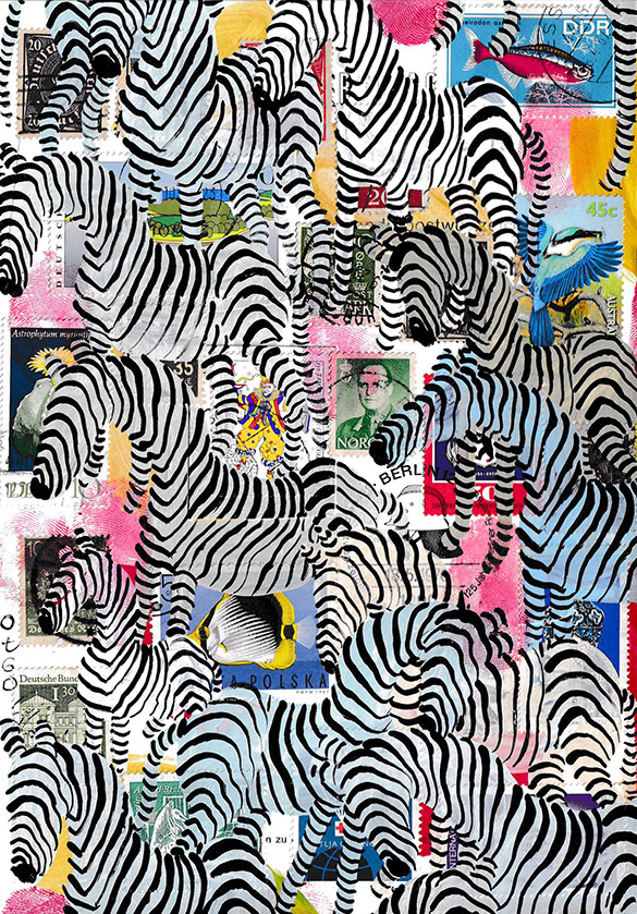 Wunderkammer Zebras 9 by OtGO 2023-2024, consists of 24 equal-sized single paintings, acryl on original Stamps, each measuring 210 by 148 mm (A5)