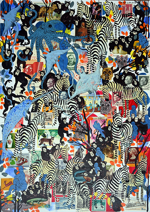 Wunderkammer Göschenen 8 by OtGO 2025 ink & acryl on original Stamps, 420 x 297 mm